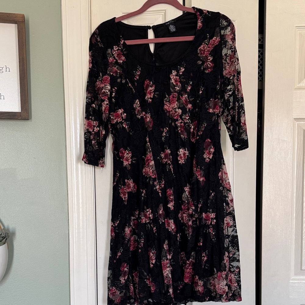 Rue21 Black and Pink Floral Lace lined dress XL
